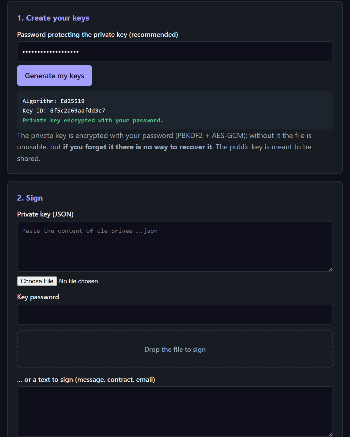 Screenshot of CryptoSign: key pair generated, password-protected private key
